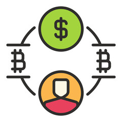 BTC with Dollar and Man vector Investing in Bitcoin colored icon or symbol