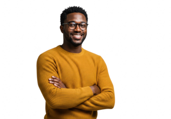 Smiling black man with glasses wearing a yellow sweater isolated on transparent background