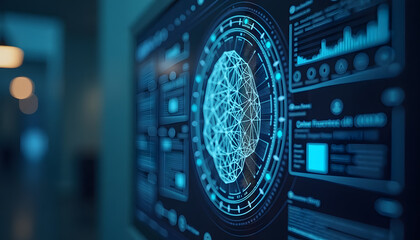 Digital screen displaying neural network analysis and data metrics  
