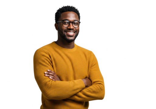 Smiling black man with glasses wearing a yellow sweater isolated on transparent background - Powered by Adobe