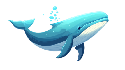 A blue whale illustrated in a cartoon style, swimming with bubbles rising above its head.