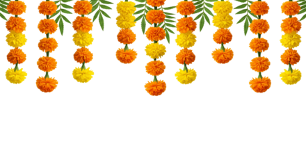 Marigold flower garlands hanging decoration orange yellow floral design transparent background