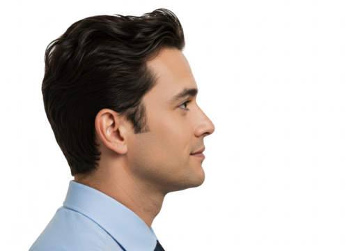 Man in profile wearing a blue shirt isolated on transparent background