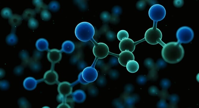 Molecular structure visualization, showcasing interconnected atoms and bonds, highlighting chemical composition and arrangement.