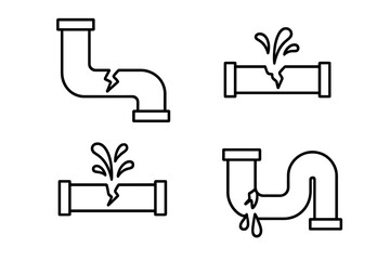 Broken pipe line icon set. Leaking water pipe, burst pipeline, and dripping plumbing vector illustrations. Water damage, leak, and plumbing repair concept. Simple outline icons.