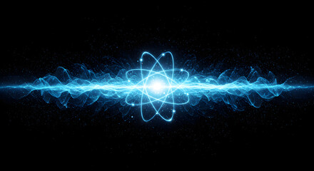 Abstract representation of atom and energy wave in blue tones  