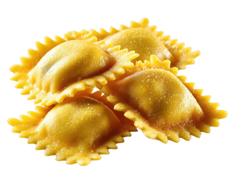 Close-up of several fresh pasta tortellini.  Golden-yellow, slightly textured, and speckled with salt.  Piles on top of each other, showing detailed edges