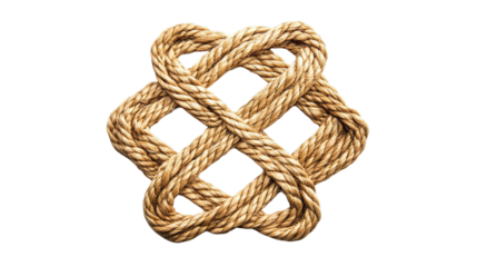 A thick, beige rope intricately tied into a symmetrical, decorative knot with multiple overlapping loops.