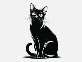 Obraz premium Vector art of a sleek black cat with striking white eyes sits gracefully, , showcasing its elegant posture and captivating gaze