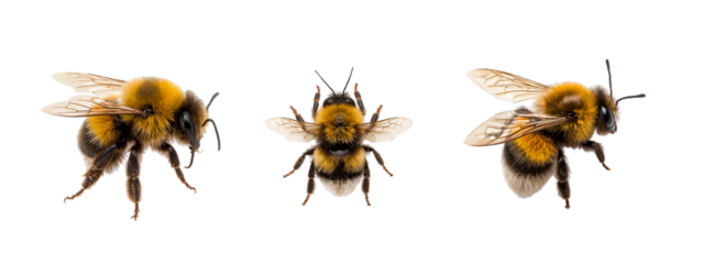 Bumblebees isolated on white background as a set of 3 symbols of nature  