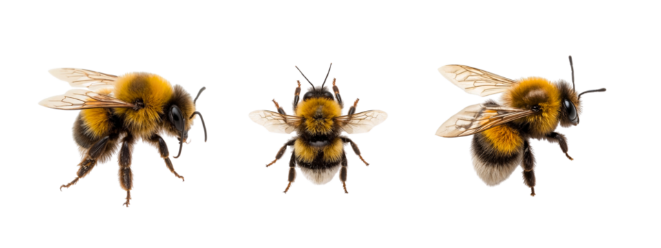 Bumblebees isolated on white background as a set of 3 symbols of nature  