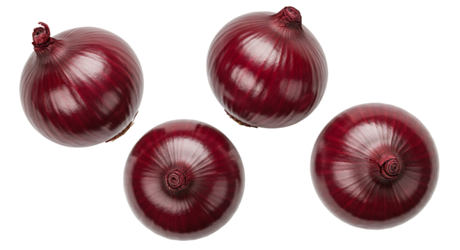 Four red onions overhead view transparent background fresh produce culinary ingredient food photography healthy eating
