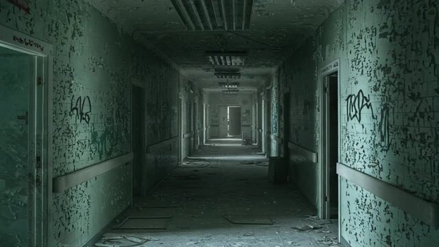 Abandoned hospital corridor with peeling walls and light