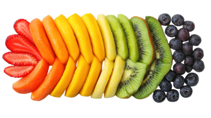 A vibrant arrangement of sliced strawberries, apricots, mango, pineapple, kiwi, and whole blueberries displayed in a colorful, curved pattern.