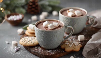 Cozy hot chocolate cups with marshmallows and cookies on table - Powered by Adobe