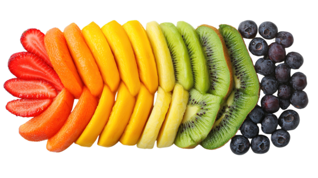 A vibrant arrangement of sliced strawberries, apricots, mango, pineapple, kiwi, and whole blueberries displayed in a colorful, curved pattern.