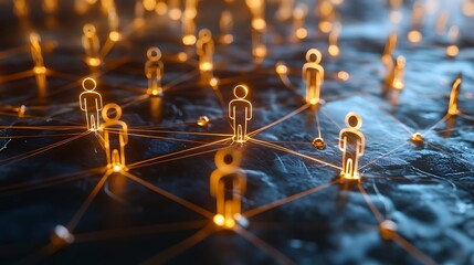 Glowing human figure icons connected by lines on a textured surface representing a network concept
