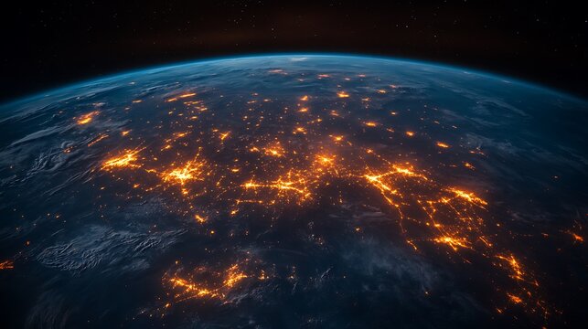 Earth at night showing city lights from space with visible atmosphere and stars in the background - Powered by Adobe