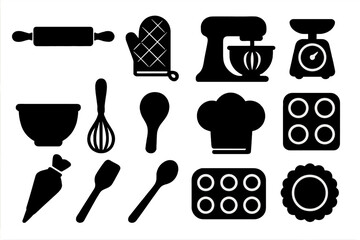 Fototapeta premium Baking tools silhouette icons set. Kitchen utensils for cooking and pastry. Vector collection of equipment like mixer, whisk, rolling pin, chef hat, oven mitt and scale.