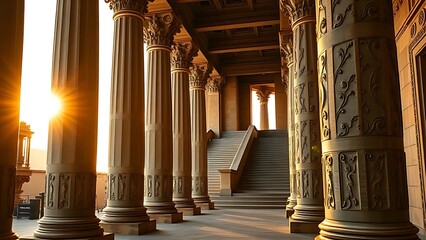 Ancient stone pillars with intricate carvings leading to a grand staircase, embodying classical architectural elegance.