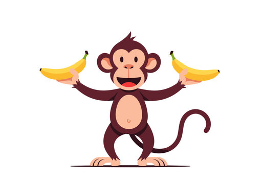 Adorable cartoon monkey holding two delicious yellow bananas with a big smile for your entertainment needs