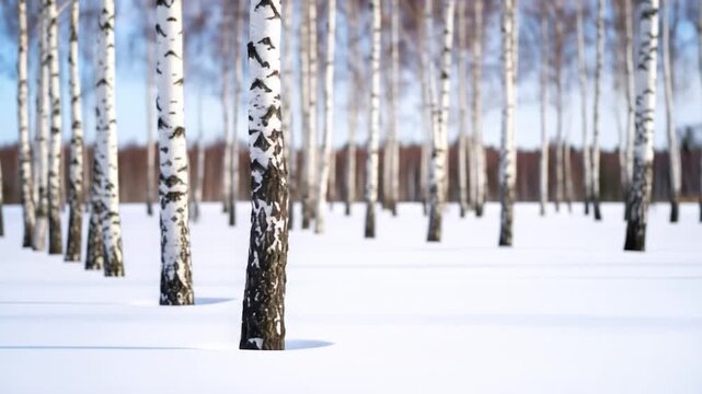 Winter birch forest snow-covered ground, slender trees with black & white bark under a bright sky