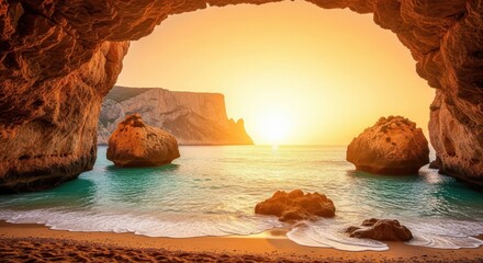 Golden Sunset Framed by a Natural Sea Cave Arch Over a Tranquil Turquoise Cove