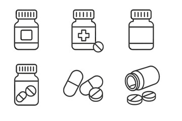 Pill bottle and medicine icon set. Thin line art collection of pharma symbols. Prescription drugs, vitamin supplements, and healthcare treatment concepts. Editable stroke vector.