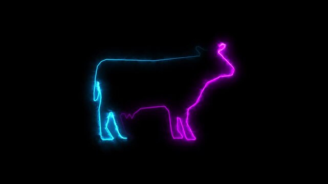 Red color neon sign of cow icon animation. Icon of a cow with a glowing neon effect. Neon Cow Icon Animation | Glowing Light Effect on Dark Background, Financial Market Symbol 4k Video.