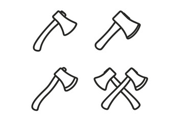 Set of axe line icons. Hatchet, tomahawk vector graphic collection. Minimal linear pictogram bundle. Crossed axes. Lumberjack, woodcutter tool symbol for web, app, logo.
