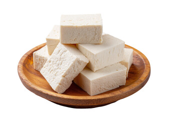 Stack of cubed tofu on a wooden plate (1)
