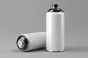 Two white spray paint cans, side by side on a gray surface