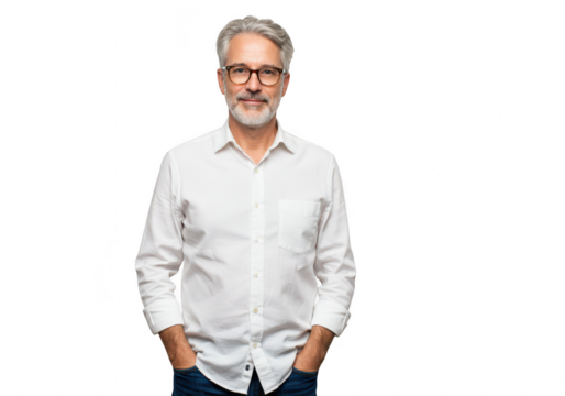 Man with gray hair and beard wearing glasses isolated on transparent background