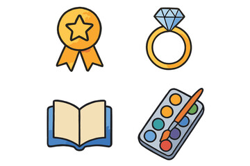 Award medal, diamond ring, book, and paint palette icon set with watercolor texture. Vector cartoon collection for concepts of success, love, education, and art. Thin line icons.