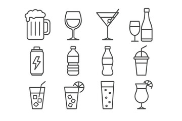 Drink and beverage icon set. Thin line art collection of alcohol, soft drinks, cocktails, beer, wine, juice and water. Vector icons for web, app, and infographic design.