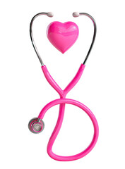Pink stethoscope with heart-shaped accessory.  A bright, vibrant pink stethoscope is centrally positioned against a black background.  A glossy pink heart is attached to the stethoscope's binaurals.
