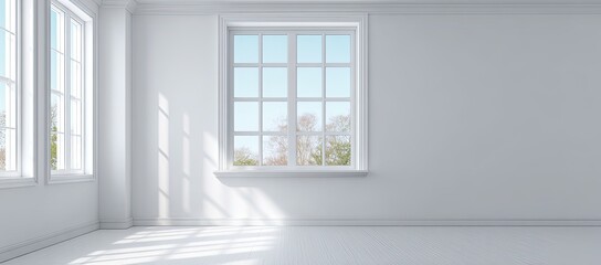 Fototapeta premium Empty white room with large window, sunlight streaming in