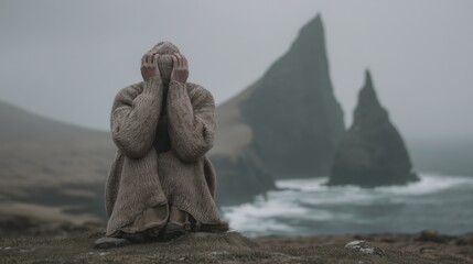 Person in a thick sweater sits on a misty cliff edge with dramatic rock formations and crashing waves below.