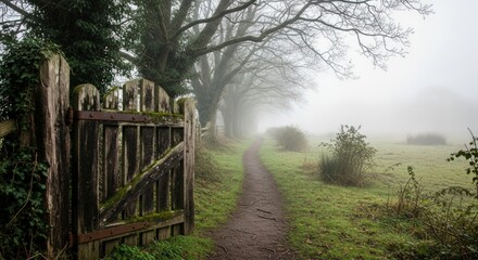 Fototapeta premium Eerie morning fog unveils a rustic gate leading to a captivating country path