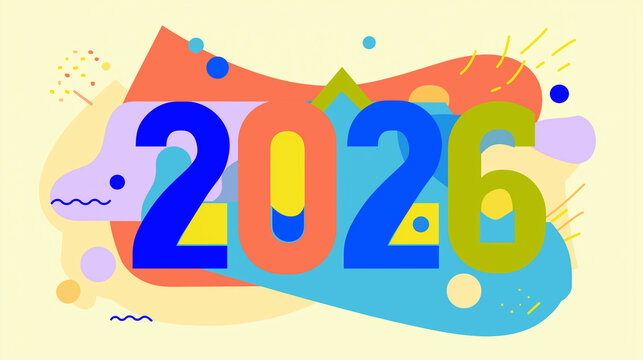 Flat vector Happy New Year 2026 with abstract shapes and bright colors, clean modern stock illustration - Powered by Adobe
