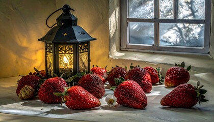 Still life of strawberries and lantern by a window