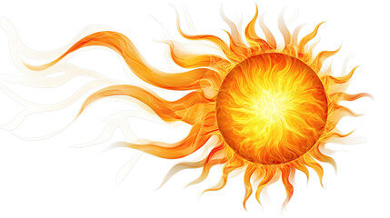 A vibrant, artistic representation of the sun with dynamic flames extending outward in warm yellow, orange, and white tones.
