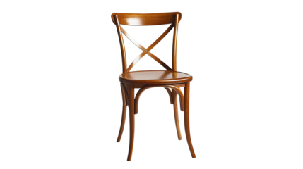 A classic wooden chair with a curved backrest and X-shaped support, featuring smooth, polished surfaces and gently tapered legs.