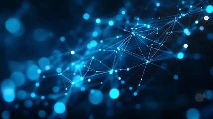 A digital network with glowing blue nodes connected by lines against a dark blue blurred background