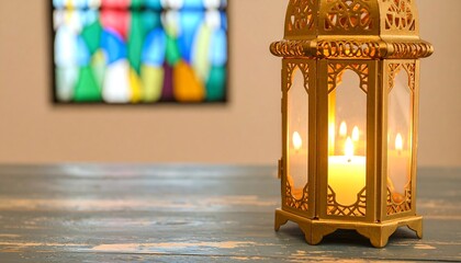 Golden lantern on wooden table, with stained glass background