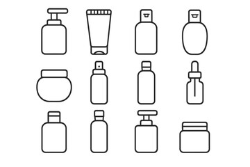Cosmetic container icon set. Thin line art of beauty product packaging. Vector outline symbols for cream, lotion, serum, shampoo bottle, spray, tube, and jar. Editable stroke.