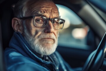 high quality image of Senior man sitting inside a car realistic image photo high detail 8k