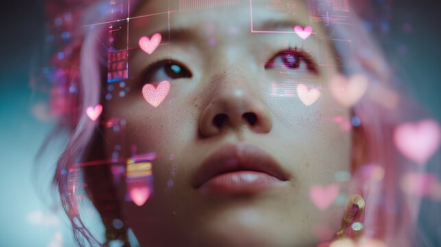 Close-up of a thoughtful woman with neon digital hearts, conveying technology's emotional impact and connection.