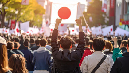 沢山の人が拳を振り上げながらデモをしている