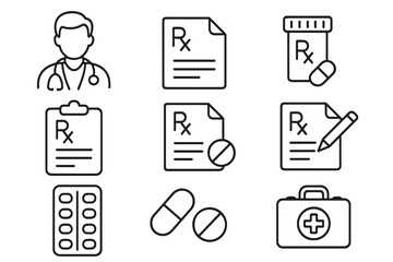 Medical and healthcare line icon set. Doctor, prescription Rx, pharmacy, pills, and first aid kit symbols. Editable stroke vector icons for web, app, and print design.